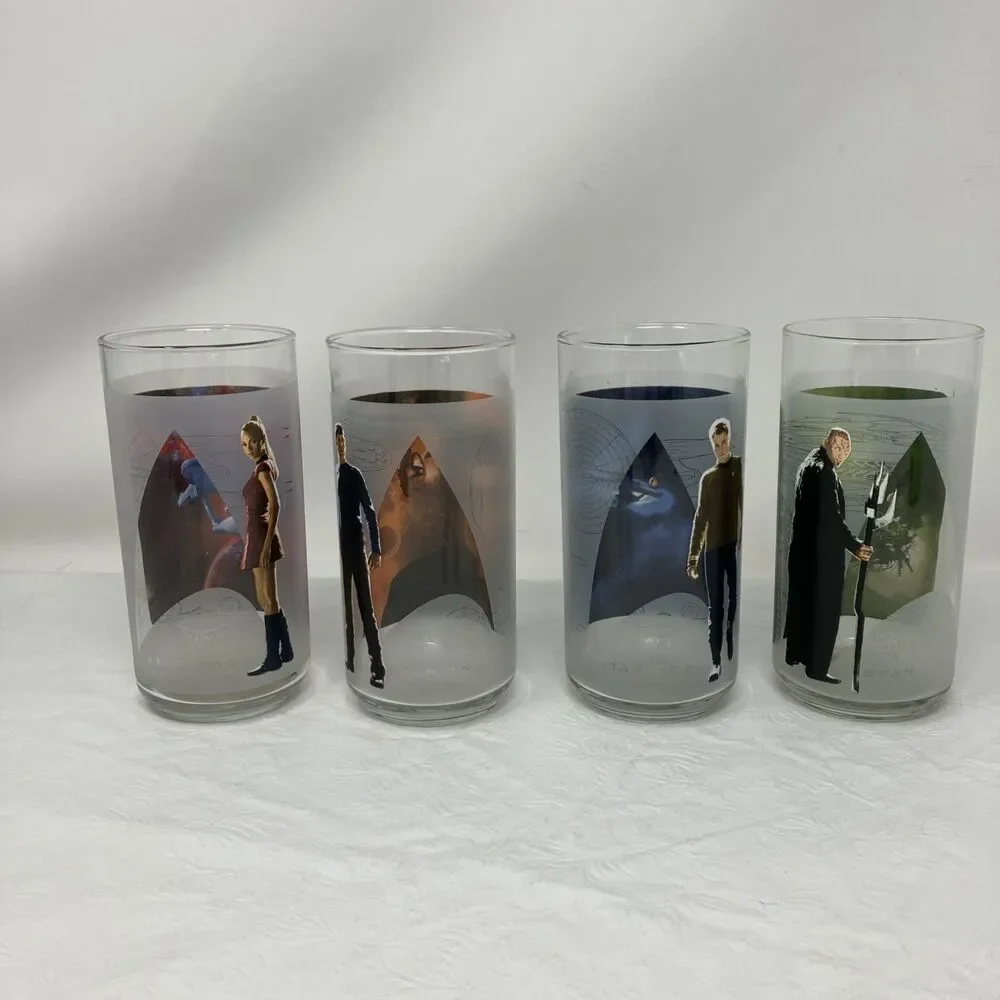 Complete Set4 STAR TREK Character Frosted Glasses 16oz Kirk Spock Uhura Nero ‘08